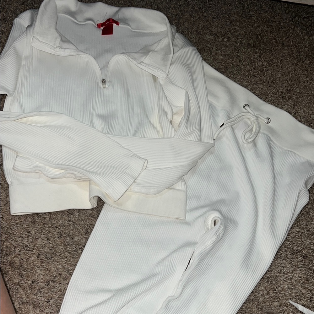 White Ribbed Zip-Up Top and Joggers Set